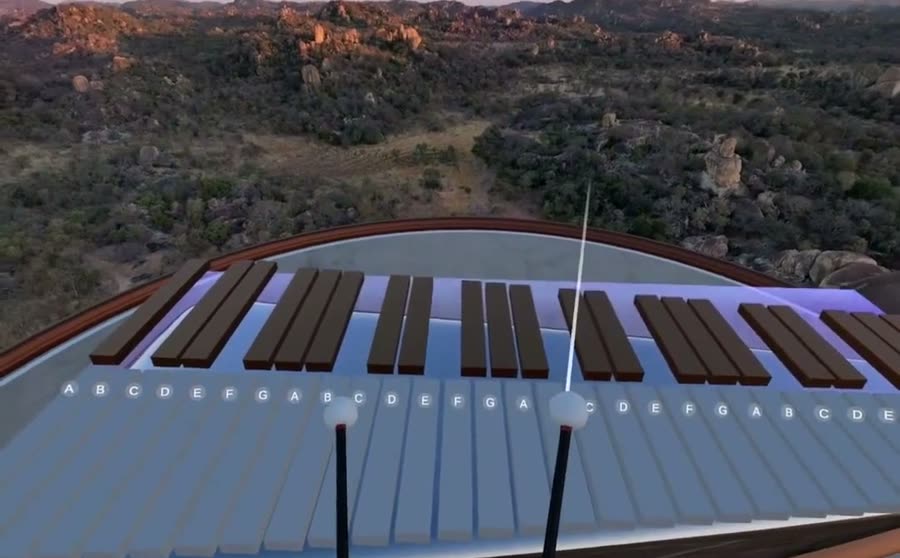 The marimba in Museverse with note names and mallets